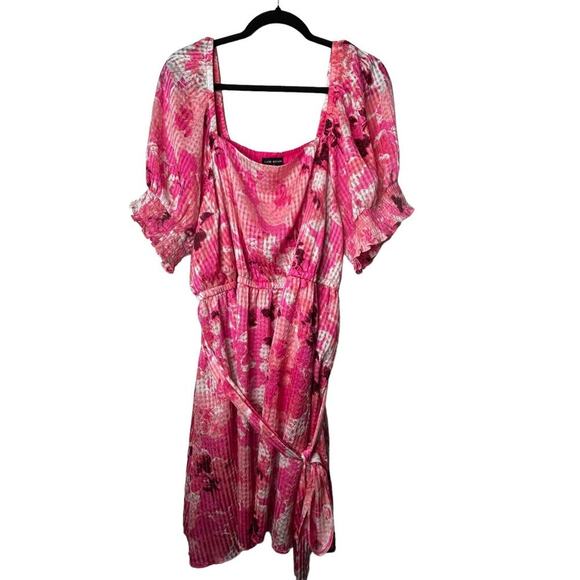 Lane Bryant Dress Size 22 Pink Smocked Cuff-Sleeve Square-Neck Fit & Flare Belt - Picture 5 of 13